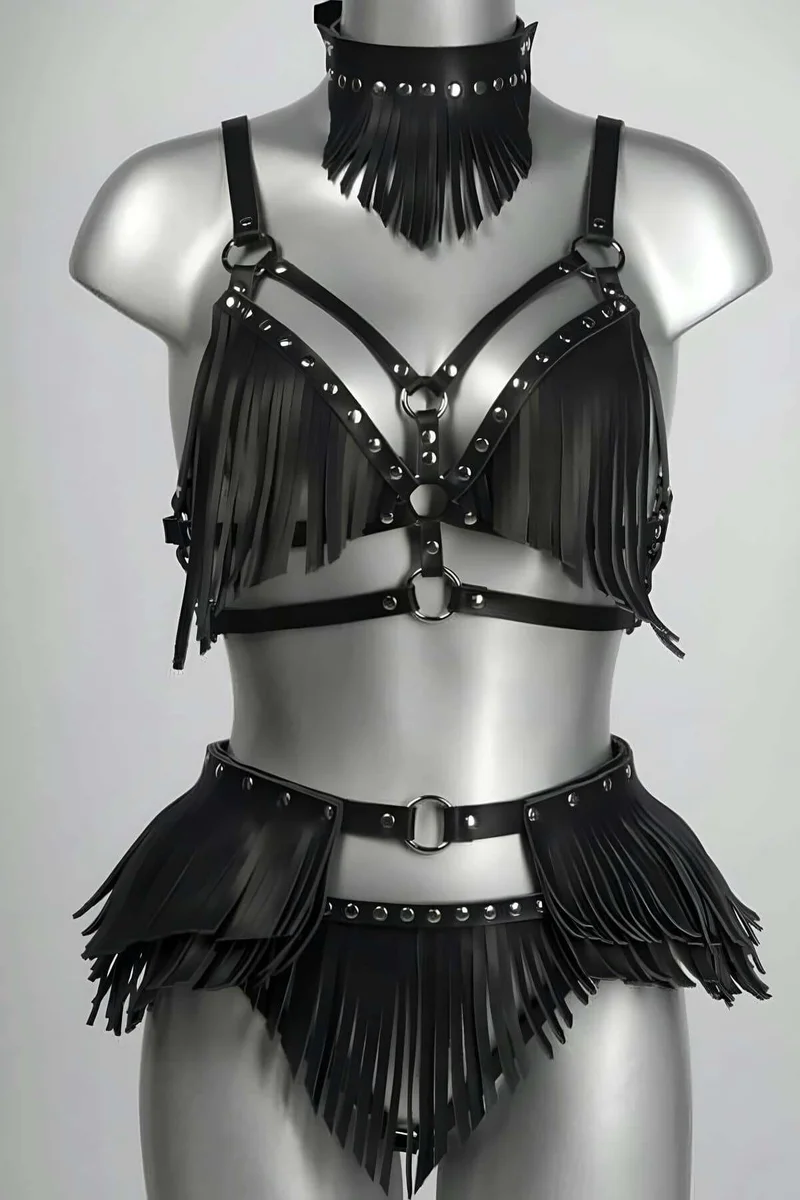 Black Fringed Faux Leather Bustier Harness Set with Studded Skirt and Choker
