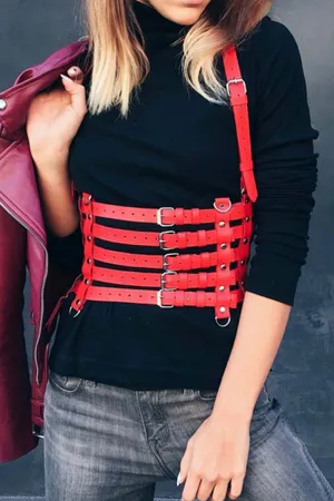Red Faux Leather Waist Harness Body Accessory with Five Adjustable Buckled Straps Worn Over Black Top