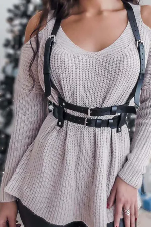 Black Faux Leather Body Shoulder Harness with Double Waist Belt and Adjustable Straps, worn over a beige sweater