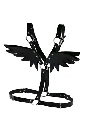 Black Faux Leather Winged Shoulder Harness Studded Y-Back Design