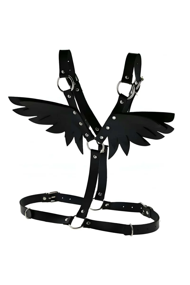 Black winged harness accessory close-up with