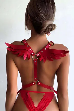 Red Leather Body Harness with Angel Wings Fashion Accessory