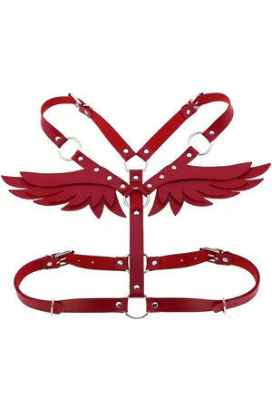 Red Leather Body Harness with Angel Wings Fashion Accessory