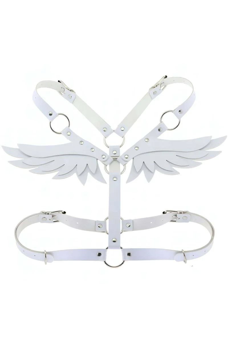 White faux leather angel wing harness detail with D-rings and adjustable straps