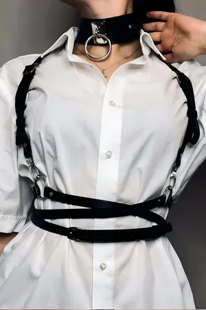Adjustable Leather Corset Belt and Choker Leash Set - APFT644