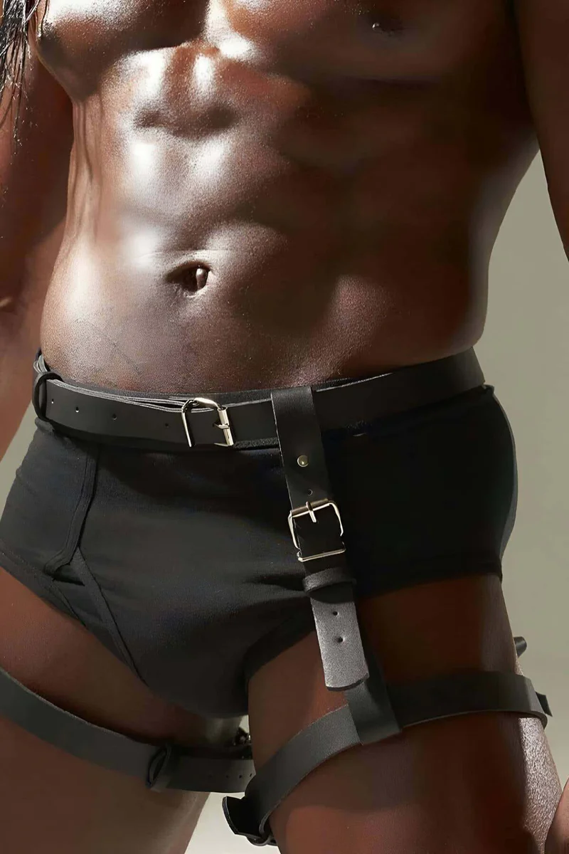 Black Faux Leather Waist and Thigh Harness Men Adjustable Buckles