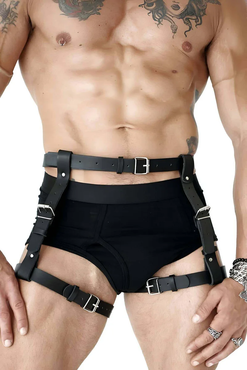 Mens Black Harness Faux Leather Front