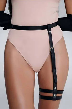 Black Faux Leather Single Leg Garter Harness Adjustable Buckle Straps Thigh Waist