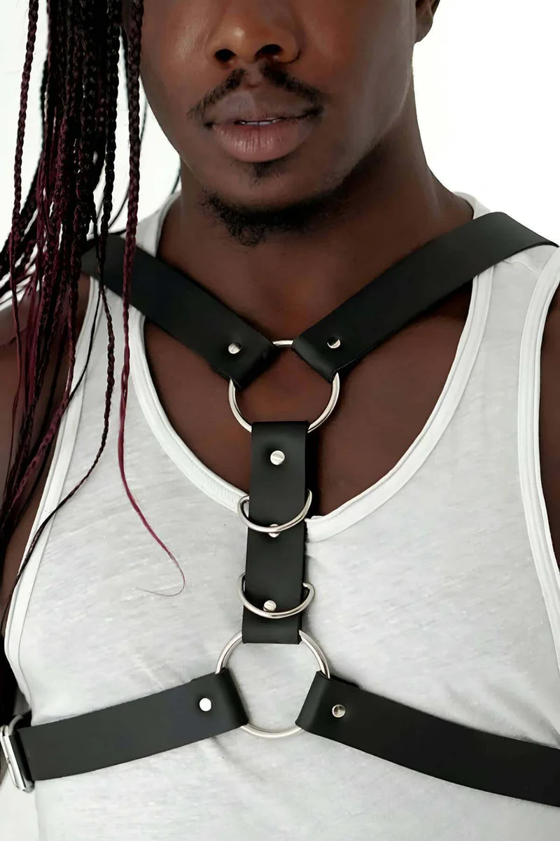 Black vegan leather chest harness front