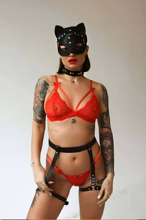 Sexy Leather Mask Leash And Garter Harness Set - APFT783