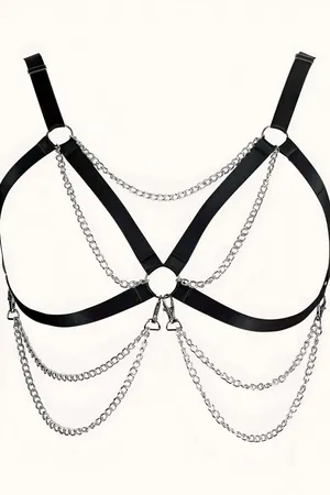 Black Faux Leather Chest Harness with Layered Silver Chains Plus Size