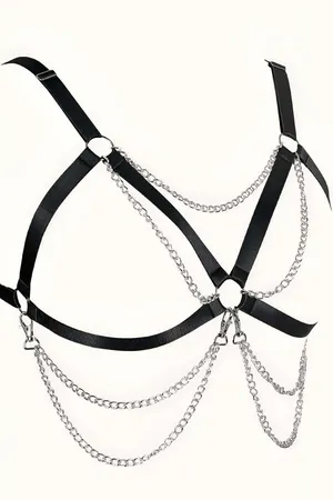 Black Faux Leather Chest Harness with Layered Silver Chains Plus Size
