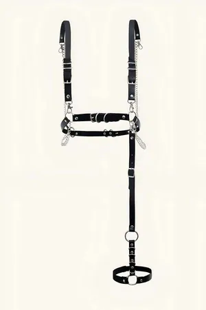Black Faux Leather Body Harness Women Adjustable Straps Silver Chains