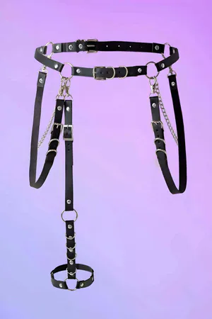 Black Faux Leather Waist Thigh Harness Women Adjustable Straps Silver Chains O-Rings