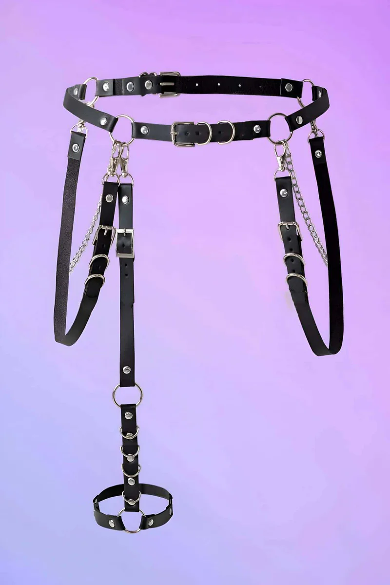 Black faux leather waist belt harness close-