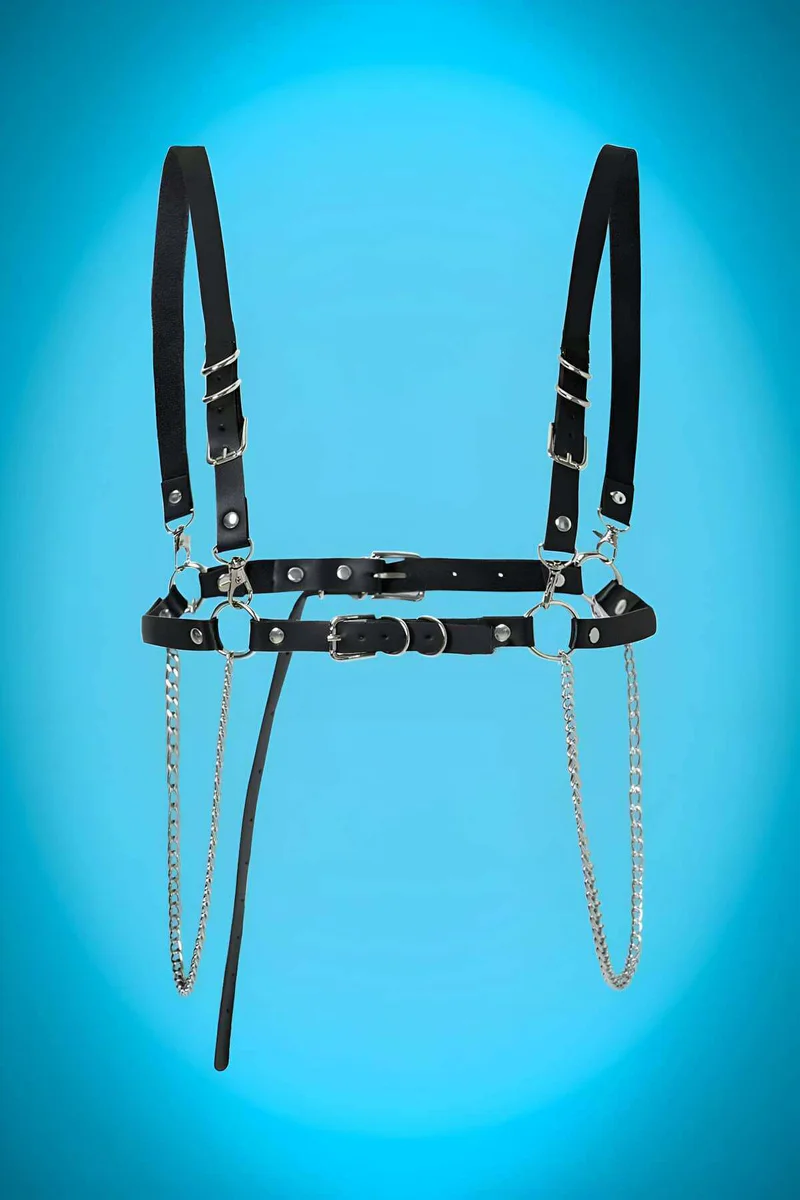 Black Vegan Leather Chest Harness Adjustable Shoulder