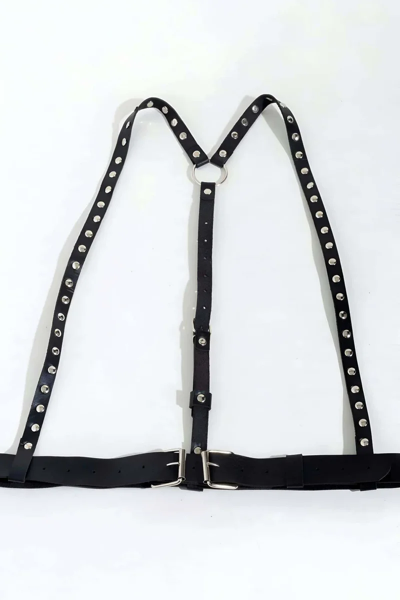 Studded Shoulder Body Harness Front View Black