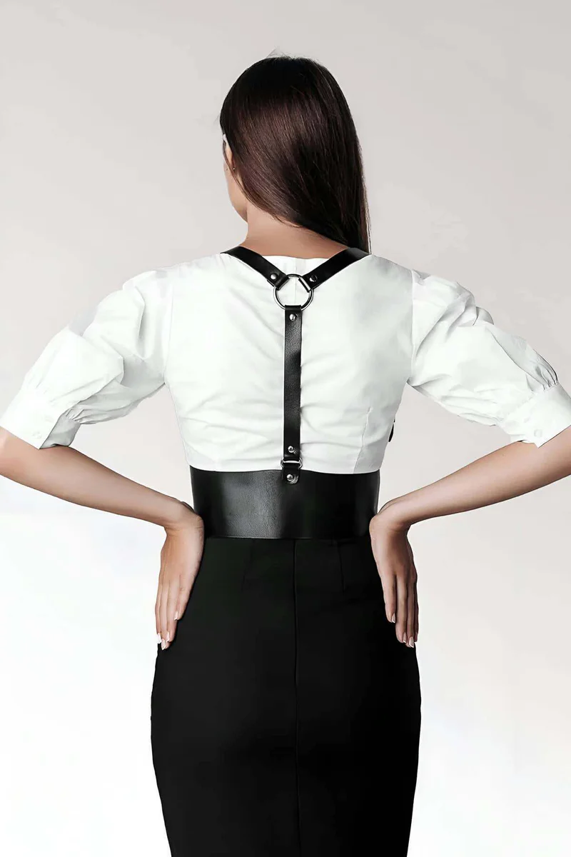 Faux leather harness shoulder strap close