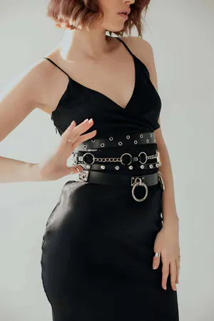 Black Faux Leather Multi-Strap Waist Harness with Silver O-Rings Studs and Chains