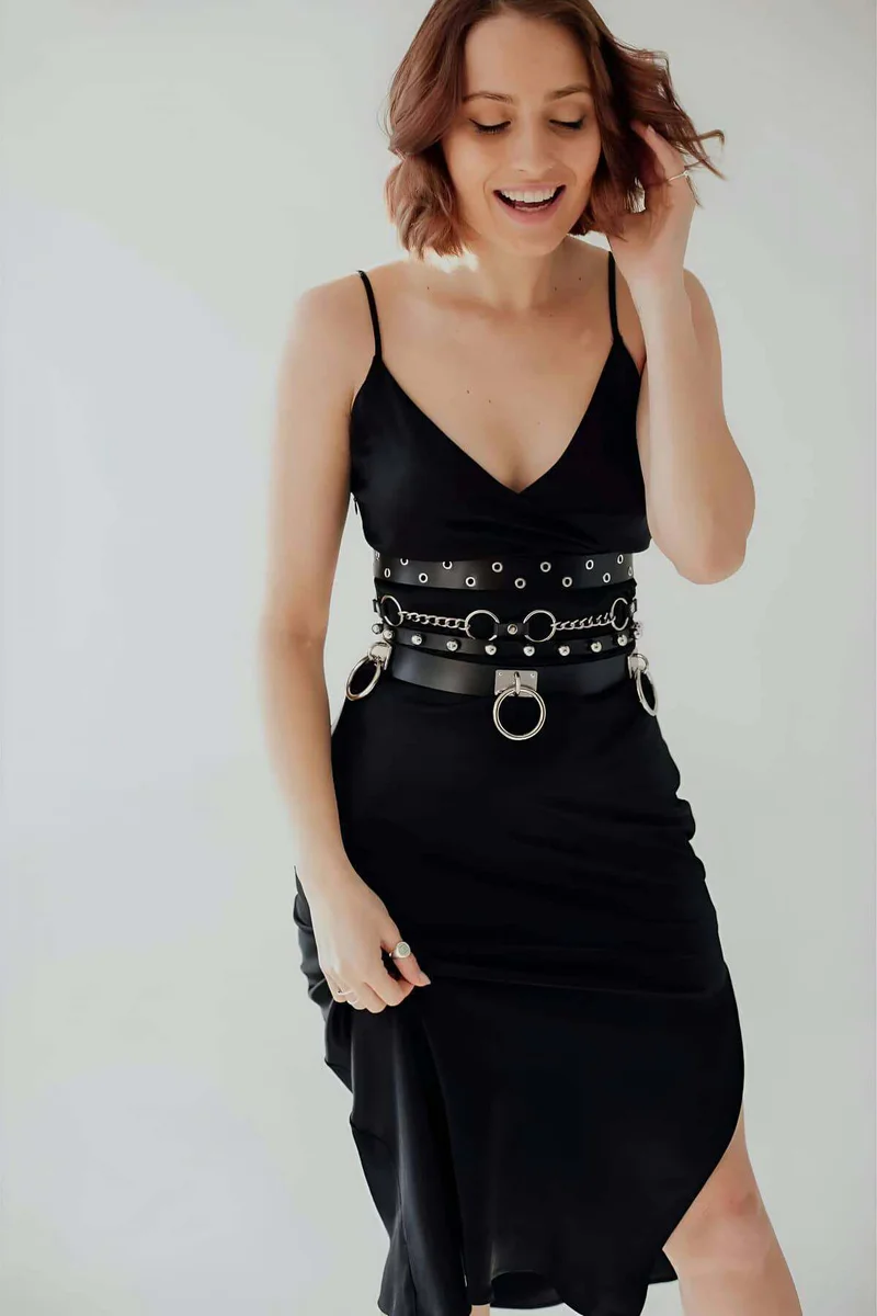 Black Vegan Leather Waist Harness Front