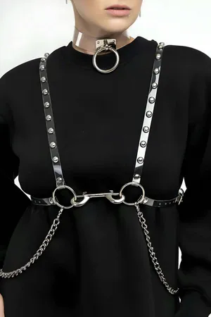 Transparent Studded Body Harness & O-Ring Choker Set with Silver Chains