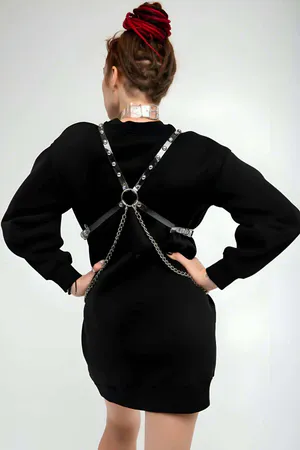 Transparent Studded Body Harness & O-Ring Choker Set with Silver Chains