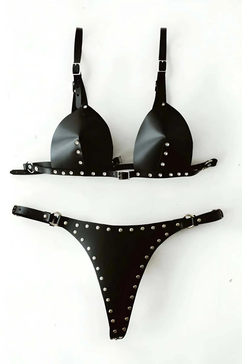 Black studded faux leather lingerie set with