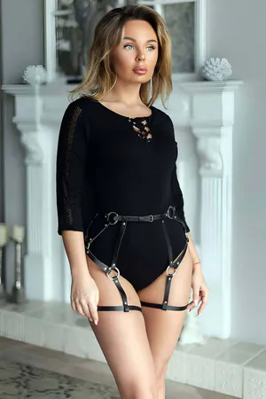 Black Faux Leather Strappy Garter Harness O-Ring Details