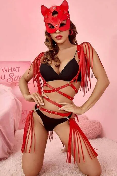 Red Fringed Vegan Leather Body Harness Set with Cat Mask and Tassels
