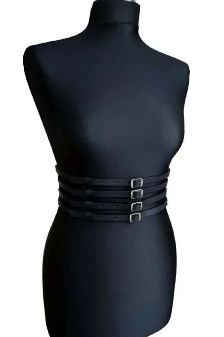 Black Vegan Leather Four-Strap Waspie Belt with Silver Buckles