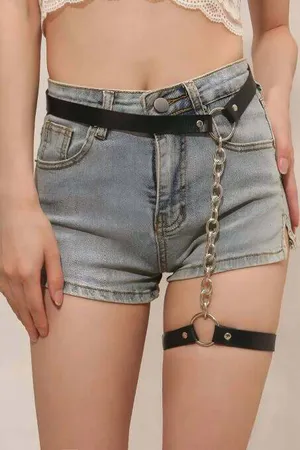 Adjustable Stylish Leather Garter Harness with Chain - APFT961