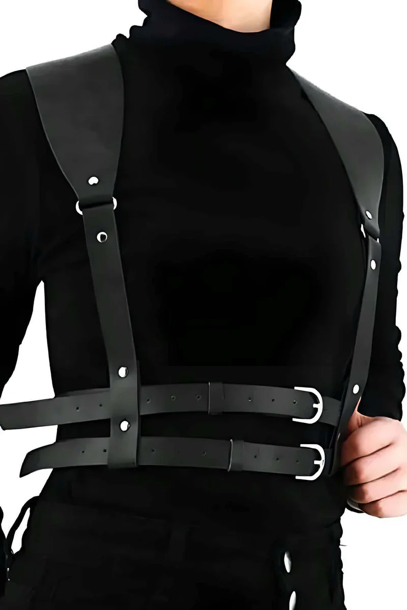 Dark brown shoulder harness side view with