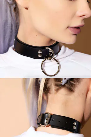 Ring Detailed Leather Choker, Leather Collar, Ring Collar - APFT971