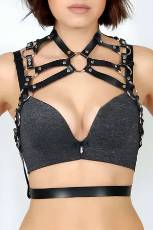 Black Faux Leather Caged Chest Harness with Silver O-Rings and Choker