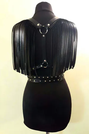 Black Faux Leather Fringe Shoulder Chest Harness with Studded Waist Straps
