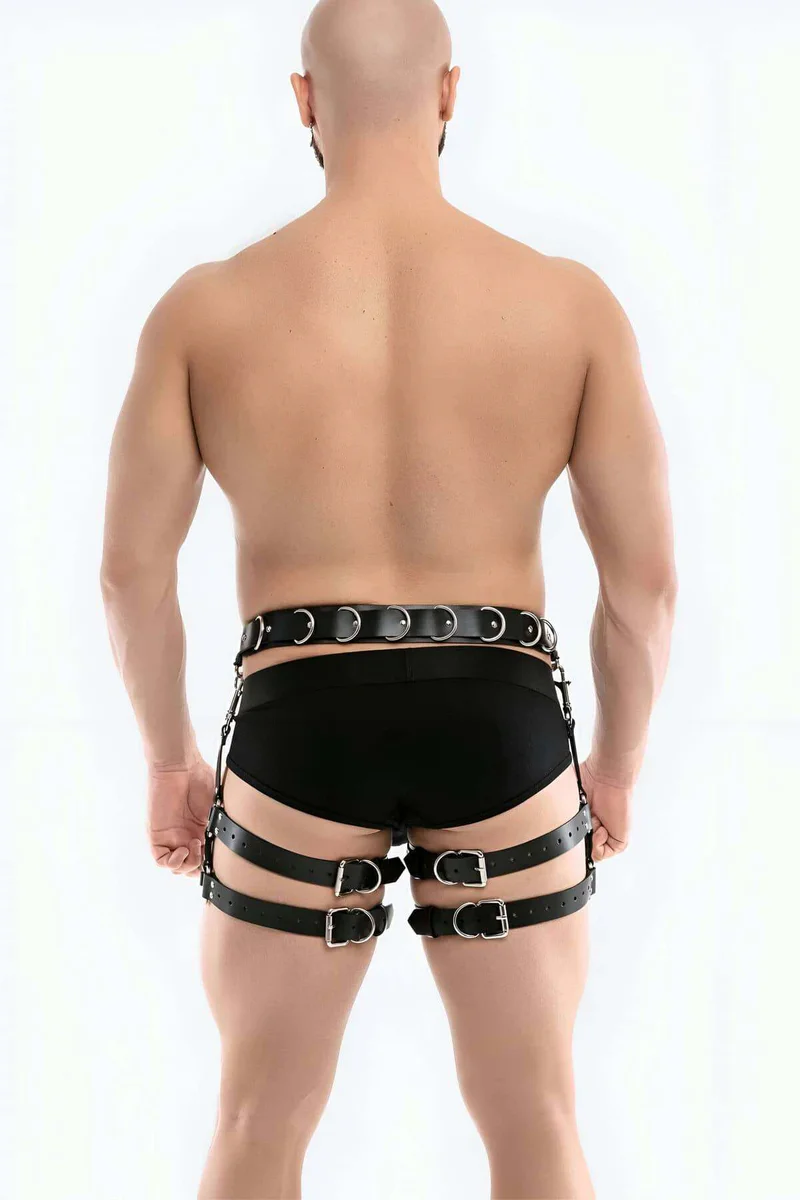 Mens Black Thigh Harness with silver