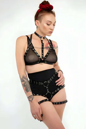 Black Faux Leather Full Body Harness with O-Rings & Garter Straps