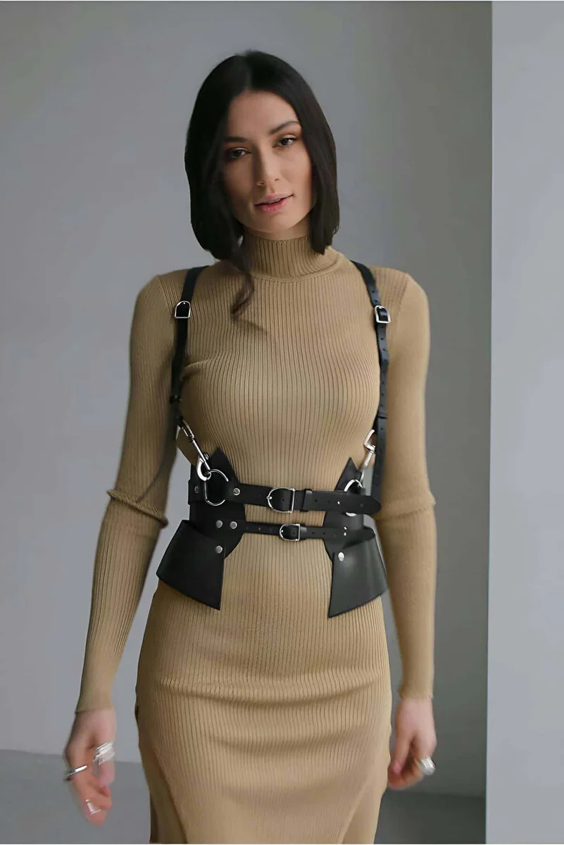Black vegan leather body harness front view with