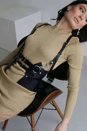 Black Sculpted Faux Leather Body Harness with Structured Waist Flaps and Silver Hardware