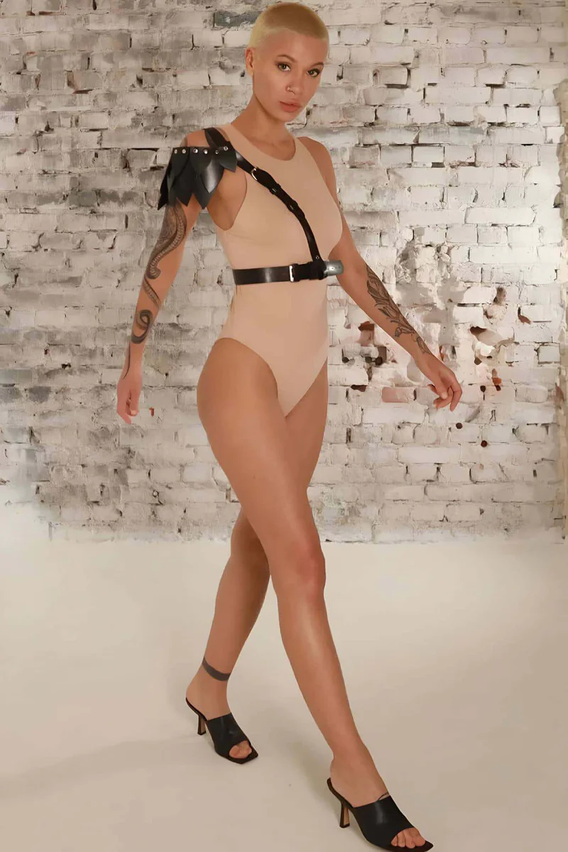 One Shoulder Leather Harness with Adjustable Waist Belt