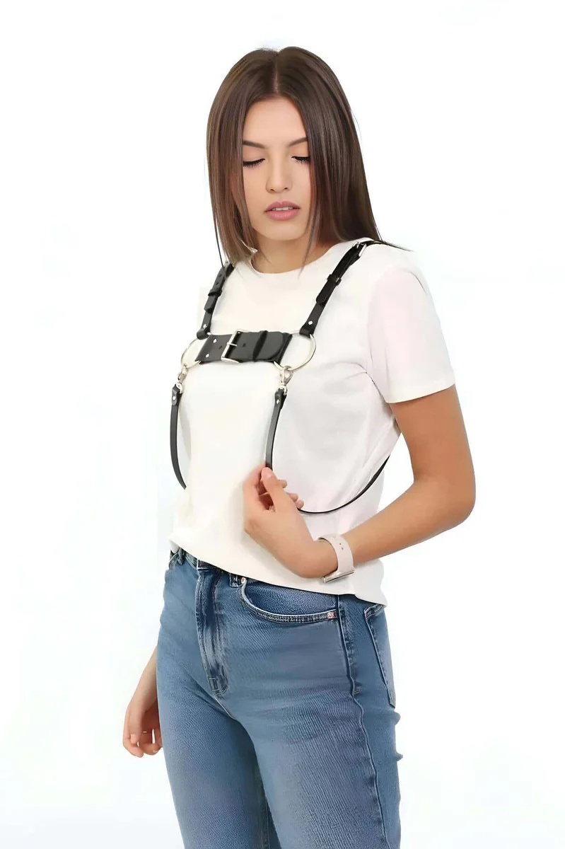 Black vegan leather chest harness front