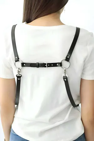 Black Faux Leather Chest Harness with Front Buckle Silver O-Ring Details