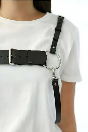 Black Faux Leather Chest Harness with Front Buckle Silver O-Ring Details