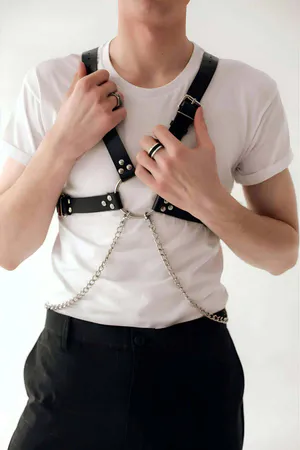 Stylish Chain Detailed Leather Men's Chest Harness - APFTM95