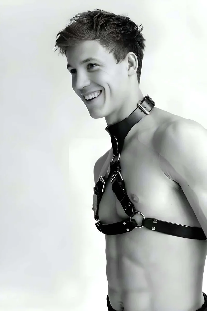 Black vegan leather chest harness front view
