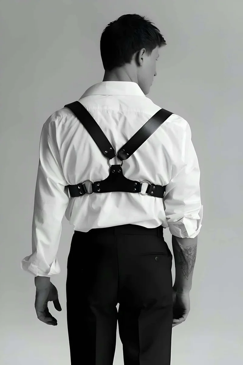 Black faux leather underbust harness, rear