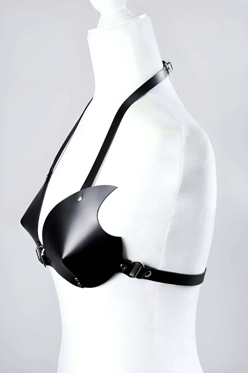 Women's Leather Bra Harness Top Adjustable Strappy Black