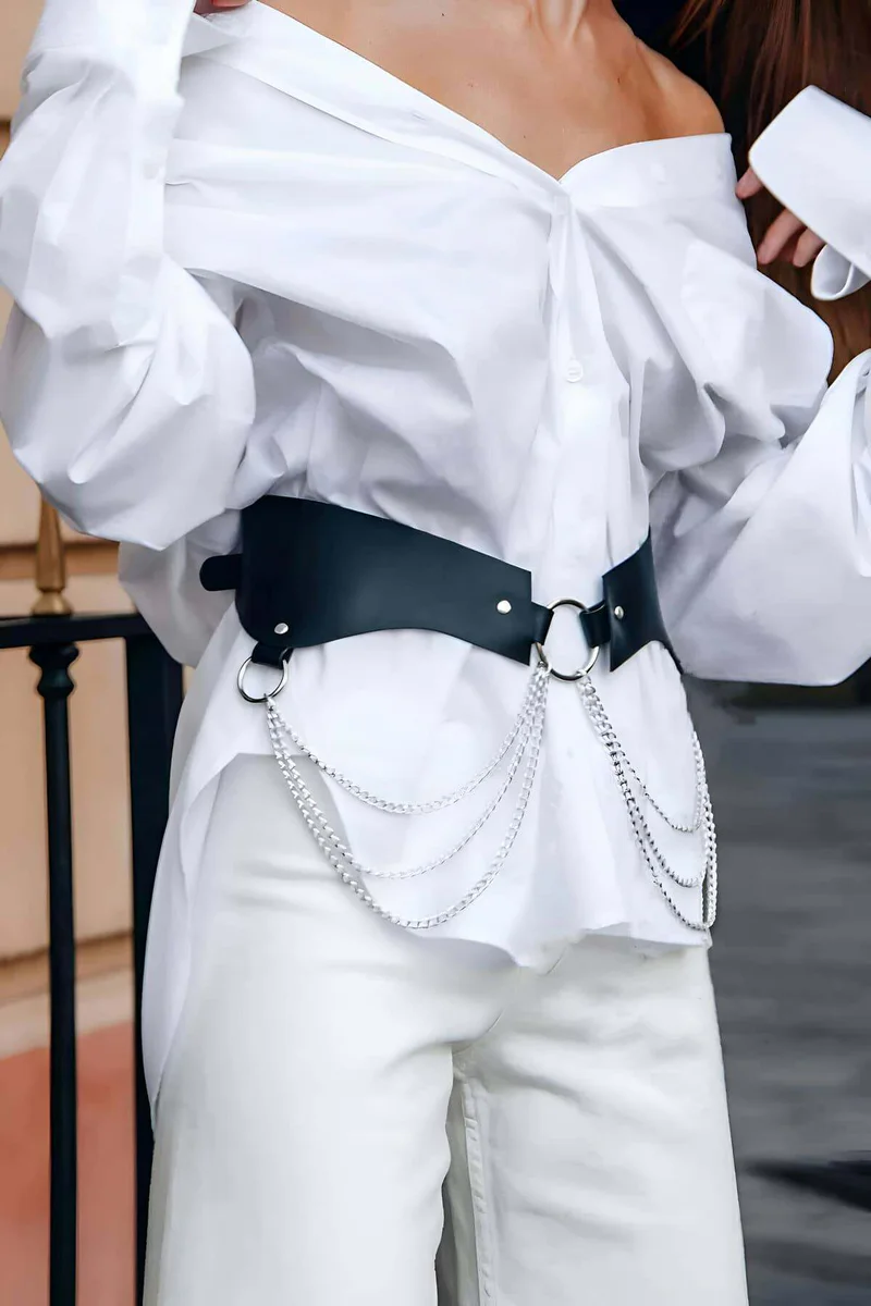 Chic black faux leather harness belt