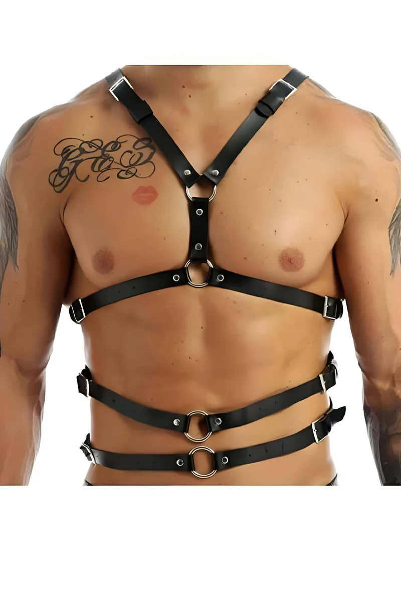 Black Faux Leather Chest Harness with Silver O-Rings