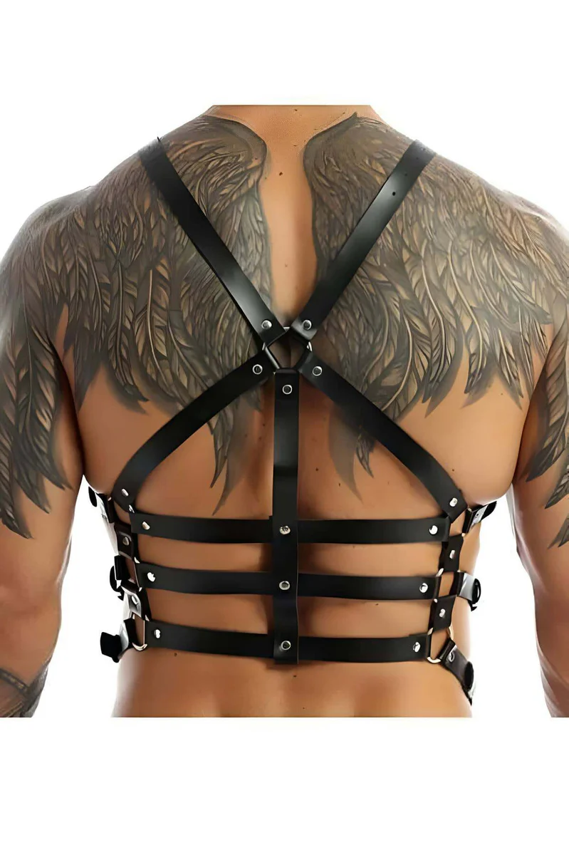 Black Faux Leather Chest Harness Adjustable Shoulder Straps Triple Strap Design